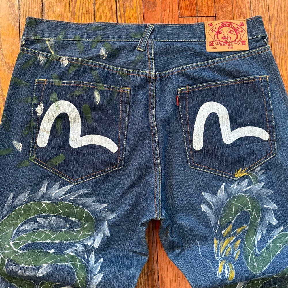 Y2K Evisu Dragon Koi Fish Hand Painted Vintage Denim Jeans - Picture 3 of 16